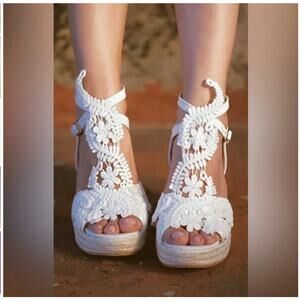 Milanoice Womens 9 White Lace Platform Wedge Espadrille Sandals Bridal NEW